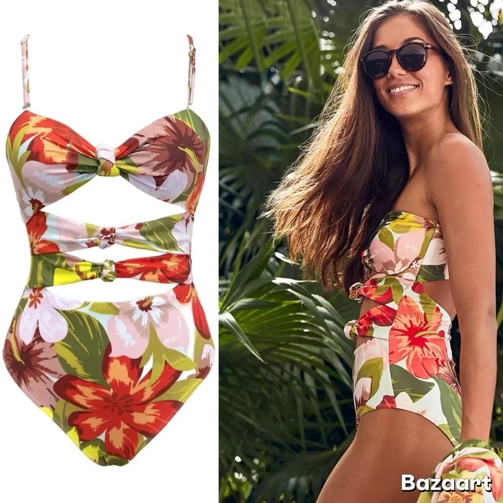Aerie American Eagle Cut Out One Piece Swimsuit Bikini Bright Floral Triple Knot